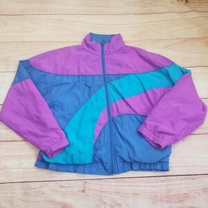 Vintage Reebok Jacket Mens Medium Purple Blue Color Block Nylon Windbreaker 90s
